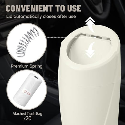 Car Trash Can Bin with Lid - Car Garbage Can Cup Holder - Cream Mini Leakproof Vehicle Garbage Bin with 20pcs Trash Bags-Automotive Organizers and Storage for Front Back Seat Accessories