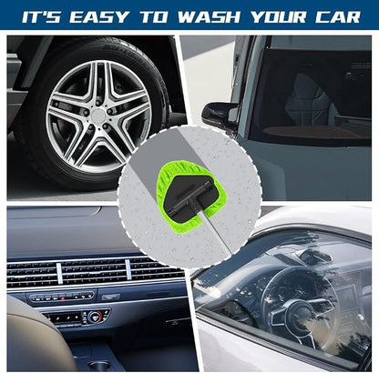 Car Wash Brush with Long Handle, Windshield Cleaning Tool, Car Washing Mop Kit Mitt Sponge Car Cleaning Supplies Kit, Microfiber Towel Gloves Universal for Cars RV SUV Truck Office (Green)