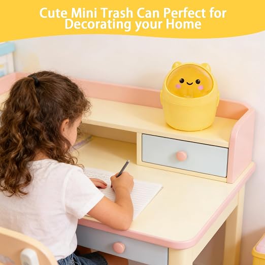 Mini Trash Can, Cute Small Trash Can with Lid, Desktop Paper Bin with 5 Rolls of Bin Liners, Portable Tabletop Dustbin, Cartoon Animal Rubbish Storage for Office Bedroom Desk Kitchen(Yellow)