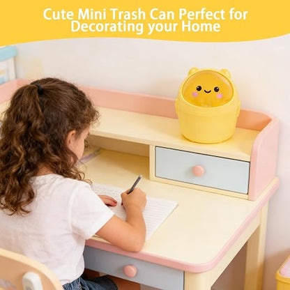 Mini Trash Can, Cute Small Trash Can with Lid, Desktop Paper Bin with 5 Rolls of Bin Liners, Portable Tabletop Dustbin, Cartoon Animal Rubbish Storage for Office Bedroom Desk Kitchen(Yellow)