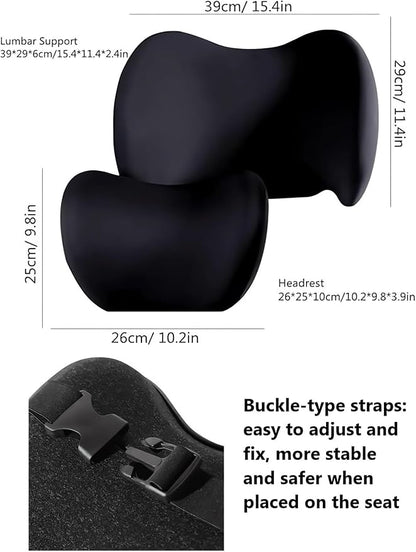 Car Headrest & Lumbar Support Cushion Ergonomic Car Seat Neck Back Rest Pillows Orthopedic Memory Foam Head Rest and Lower Lumbar Support Pillow Set Backrest Driving Seat Office Chair Support (Brown)