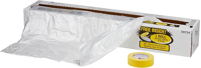 3M Plastic Sheeting With 388N Yellow Masking Tape (36 mm), 06724, Tear Resistant, Easy To Cut, Durable, 16 ft x 400 ft
