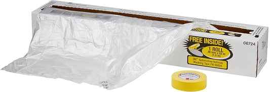 3M Plastic Sheeting With 388N Yellow Masking Tape (36 mm), 06724, Tear Resistant, Easy To Cut, Durable, 16 ft x 400 ft