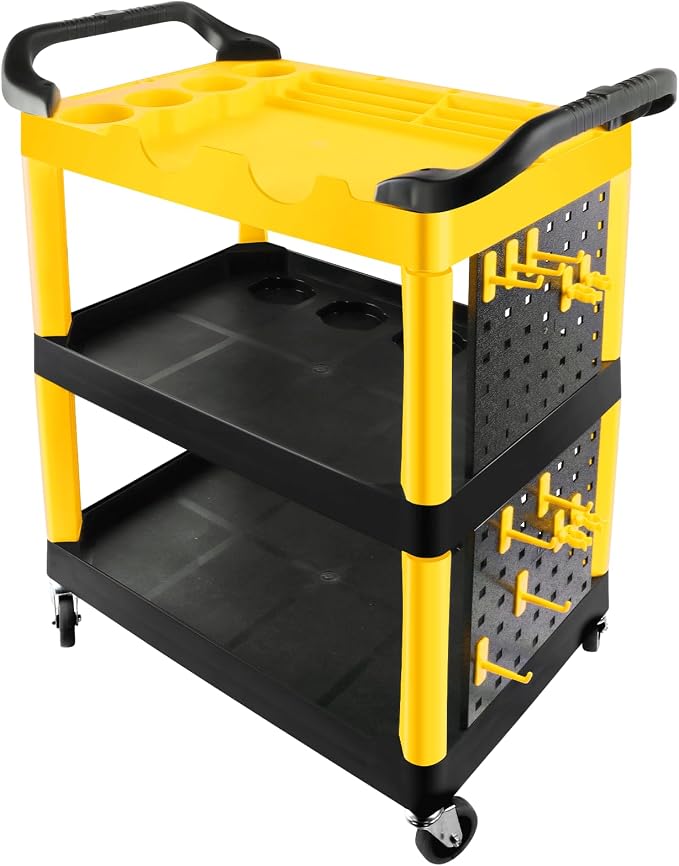 Auto Detailing Cart with Wheels, 3 Tier Car Detailing Cart with Hanging Boards & Hooks, Car Wash Rolling Organizer Cartfor Garage Workshop DIY Home