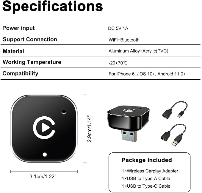 ZYAN Wireless CarPlay & Android Auto Adapter with Extension Cable USB-A and USB-C