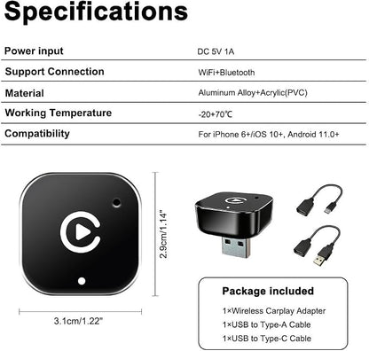 ZYAN Wireless CarPlay & Android Auto Adapter with Extension Cable USB-A and USB-C