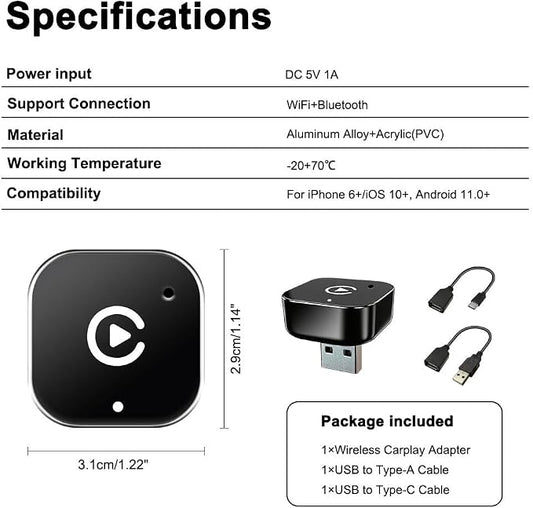 ZYAN Wireless CarPlay & Android Auto Adapter with Extension Cable USB-A and USB-C