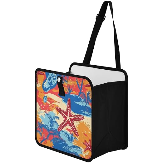 Car Trash Can Organizer Bin with Adjustable Strap for Back Front Seat Console Waterproof Leakproof Collapsible Portable 8.66 Inch Bright Summer Beach Starfish and Palm Tree