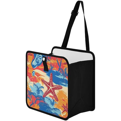Car Trash Can Organizer Bin with Adjustable Strap for Back Front Seat Console Waterproof Leakproof Collapsible Portable 8.66 Inch Bright Summer Beach Starfish and Palm Tree