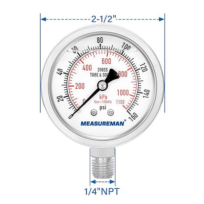 MEASUREMAN Fully Stainless Steel Hydraulic Glycerin Filled Pressure Gauge, 2-1/2" Dial Size,0-160psi/kpa,1/4" NPT Lower Mount