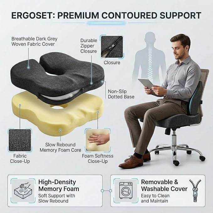 Seat Cushion & Lumbar Support Pillow Set for Office Chair, Memory Foam Seat Cushion with Adjustable Strap, Comfort Support Cushions for Office Chair, Car and Wheelchair (Dark Grey)