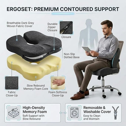 Seat Cushion & Lumbar Support Pillow Set for Office Chair, Memory Foam Seat Cushion with Adjustable Strap, Comfort Support Cushions for Office Chair, Car and Wheelchair (Dark Grey)