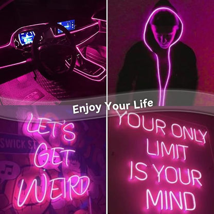 El Wire Lights for Car Interior, Pink Neon 16FT/5M LED Strip Light, USB 5V for Garden Party Decoration