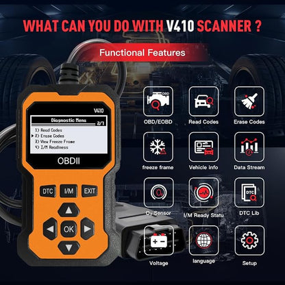OBD2 Scanner V410 Car Diagnostic Tool – Auto Code Reader for All Vehicles, Engine Fault Code Reader Scan Tool with Live Data/Freeze Frame & Fix Suggestions Orange and Black