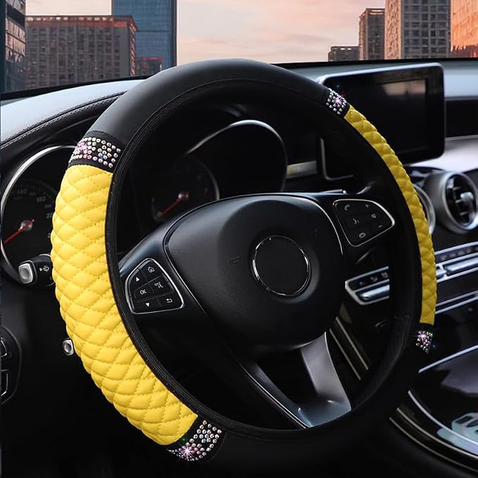 Microfiber Leather Steering Wheel Cover with Anti-Slip Lining Universal Car Accessory for Steering Wheel with a Diameter of 14.5-15 inch (Yellow)