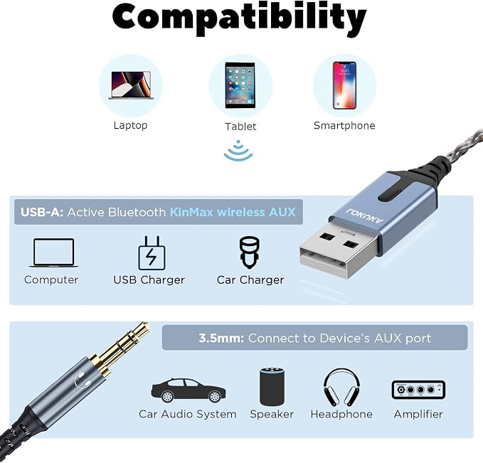 Bluetooth 5.3 to Aux Adapter for Car or Speaker, 3.5mm Bluetooth Receiver with 8-Strand Single Crystal Copper Cable, Aluminum Alloy Shell, for Hands-Free Calls, Voice Navigation, Phone Music