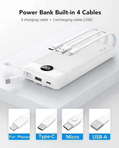 VRURC Portable Charger Built in Cables, Slim Power Bank 10000mAh, Multi Devices Charging Bank with Lanyard, USB C Battery Pack 5 Outputs for for All Cell Phones Devices, Samsung,Android-White(1 Pack)