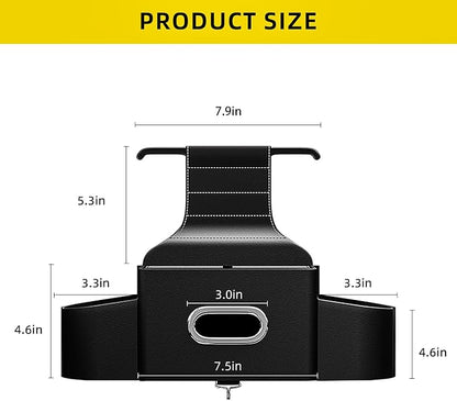Back Seat Car Organizer with One Towel Leather Wood Materials Car Back Seat Storage Box 2 Drink Cup Holder Tissue Box for Hold Phone Drinks Handbag Compatible with Most Vehicles (Black)