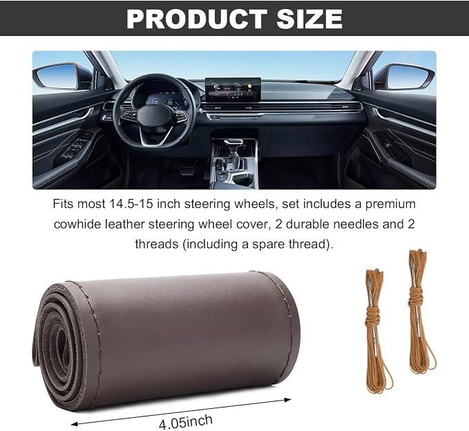 Wevdn Genuine Leather Steering Wheel Cover, Stitch on Wrap, DIY Sewing Steering Wheel Protector, 15 Inch Breathable Non-Slip Steering Wheel Protector, Car Accessories (Coffee, Glossy)