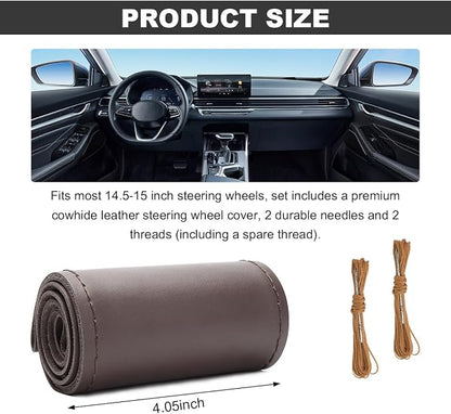 Wevdn Genuine Leather Steering Wheel Cover, Stitch on Wrap, DIY Sewing Steering Wheel Protector, 15 Inch Breathable Non-Slip Steering Wheel Protector, Car Accessories (Coffee, Glossy)