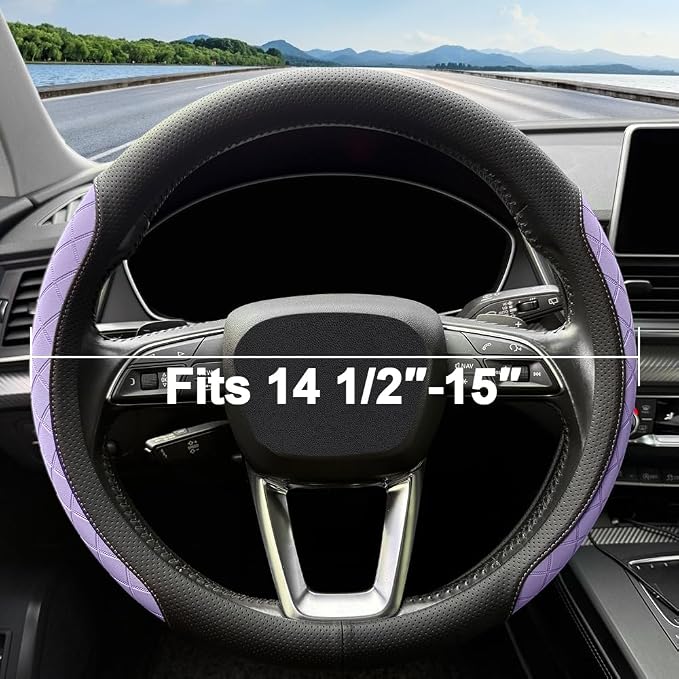 LKWLIKEI Nappa leather steering wheel cover,elegant diamond checkered design, non-slip wear-resistant, enhance driving comfort, suitable for steering wheel diameter 14 1/2‘-15’ models.Black and purple