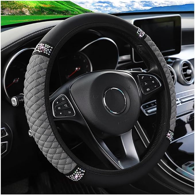Osilly Bling Car Steering Wheel Cover, 15 Inch Rhinestones Soft Leather Elastic Steering Wheel Protector, Sparkly Crystal Diamond for Women Girls (Gray)