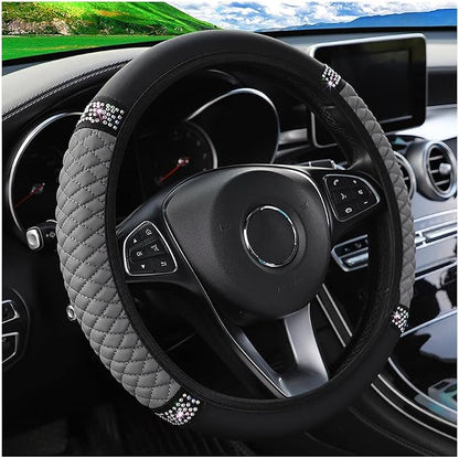 Osilly Bling Car Steering Wheel Cover, 15 Inch Rhinestones Soft Leather Elastic Steering Wheel Protector, Sparkly Crystal Diamond for Women Girls (Gray)