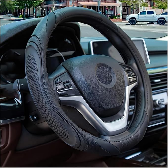 Osilly 15 Inch Car Leather Steering Wheel Cover, Automotive Accessories Elastic Breathable Anti-Slip Soft Wheel Protector Fits Men and Women, Suitable for SUVs, Trucks, Vehicles and RVs (Black)