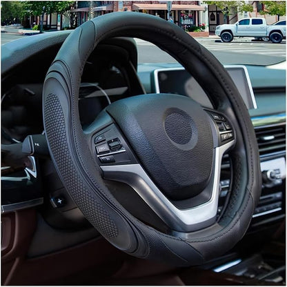 Osilly 15 Inch Car Leather Steering Wheel Cover, Automotive Accessories Elastic Breathable Anti-Slip Soft Wheel Protector Fits Men and Women, Suitable for SUVs, Trucks, Vehicles and RVs (Black)