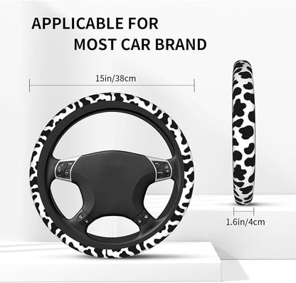 Cow Print Steering Wheel Cover + 2 Pc Cattle Print Car Coasters | Anti-Slip Breathable Universal 14.5-15.5 in for Suitable for Men Women