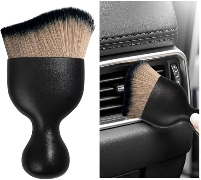 Car Interior Detailing Brush, Curved Car Interior Cleaning Brush with Ultra Soft Bristles & Dust Cover, Scratch-Free Auto Dusting Brushes for Dashboard AC Vent Leather (Brown & Black)