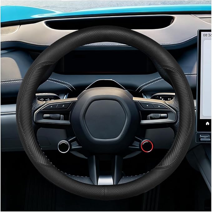 Craedli Nappa Leather Car Steering Wheel Cover, Breathable Non-Slip Automotive Steering Wheel Protector Universal Fit 14.5-15 Inch, Car Interior Decoration Accessories for Trucks, SUVs (CarbonFiber)