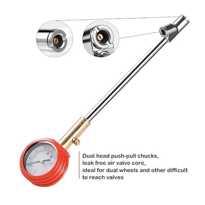CZC AUTO Accurate Mechanical Tire Pressure Gauge, Straight on Foot Dual Head Truck Air Gage, Heavy Duty Dually Chucks 2" Large Dial Wheel Service Checker for Bus Car Motorcycle Bike, 0-160PSI 0-11bar
