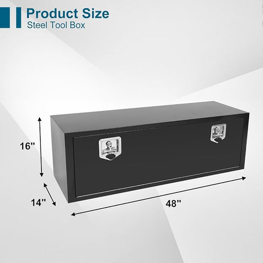 48"X14"X16" Underbody Truck Box Black Heavy Duty Steel Trailer Box Pick Up Truck Tool Box Storage Organizer w/Lock & eys