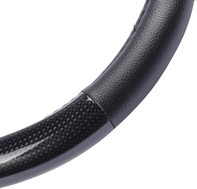 BDK Carbon Fiber Steering Wheel Cover White Vinyl with Fiber Accent - Black Carbon, 14.5-15 inch