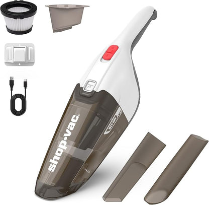 Shop-Vac Wet/Dry Handheld Vacuum Cordless, Powerful Portable Car Vacuum Rechargeable, Wall-Mounted Hand Vac with Crevice Tool, Lightweight Hand Vacuum for Home & Car, Washable Filter, White