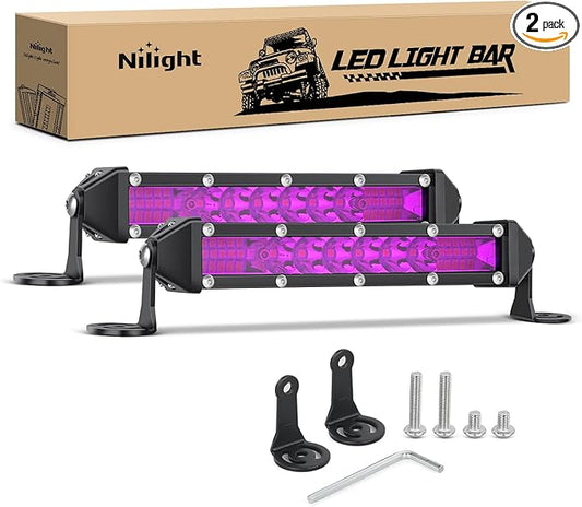 Nilight Slim LED Light Bar 2Pcs 7 Inch 16LED Single Row Spot Flood Combo Purple Off Road Driving Decoration Neon Hunting Lighting for 12V 24V ATV UTV Pickup Truck Tractor