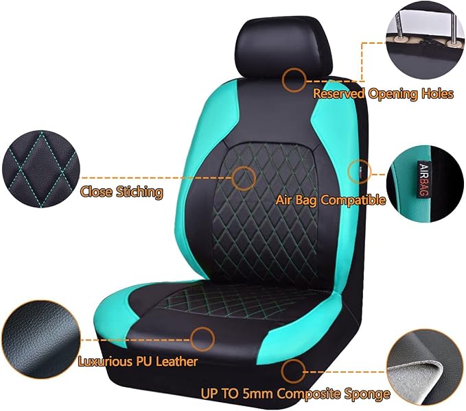 Universal Deluxe Pu Luxury Vinyl Faux Leather Car Seat Covers Two Front 6 Pieces Airbag Compatible Fit for Cars SUV Vehicles (Black and Mint)