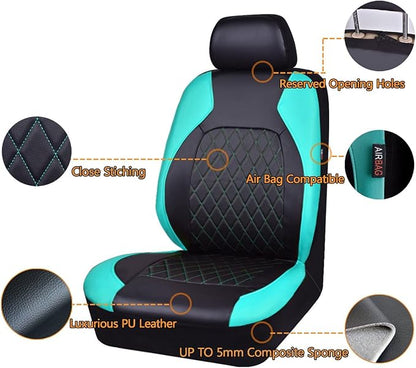Universal Deluxe Pu Luxury Vinyl Faux Leather Car Seat Covers Two Front 6 Pieces Airbag Compatible Fit for Cars SUV Vehicles (Black and Mint)