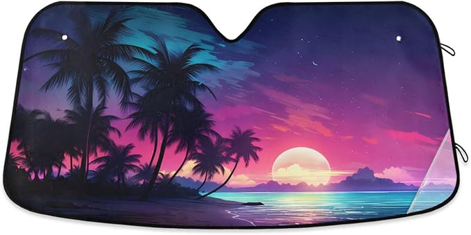 Windshield Sun Shade Palm Tree Beach Tropical Front Window Block UV Shades Visor Reflective Retractable for Car SUV Trucks
