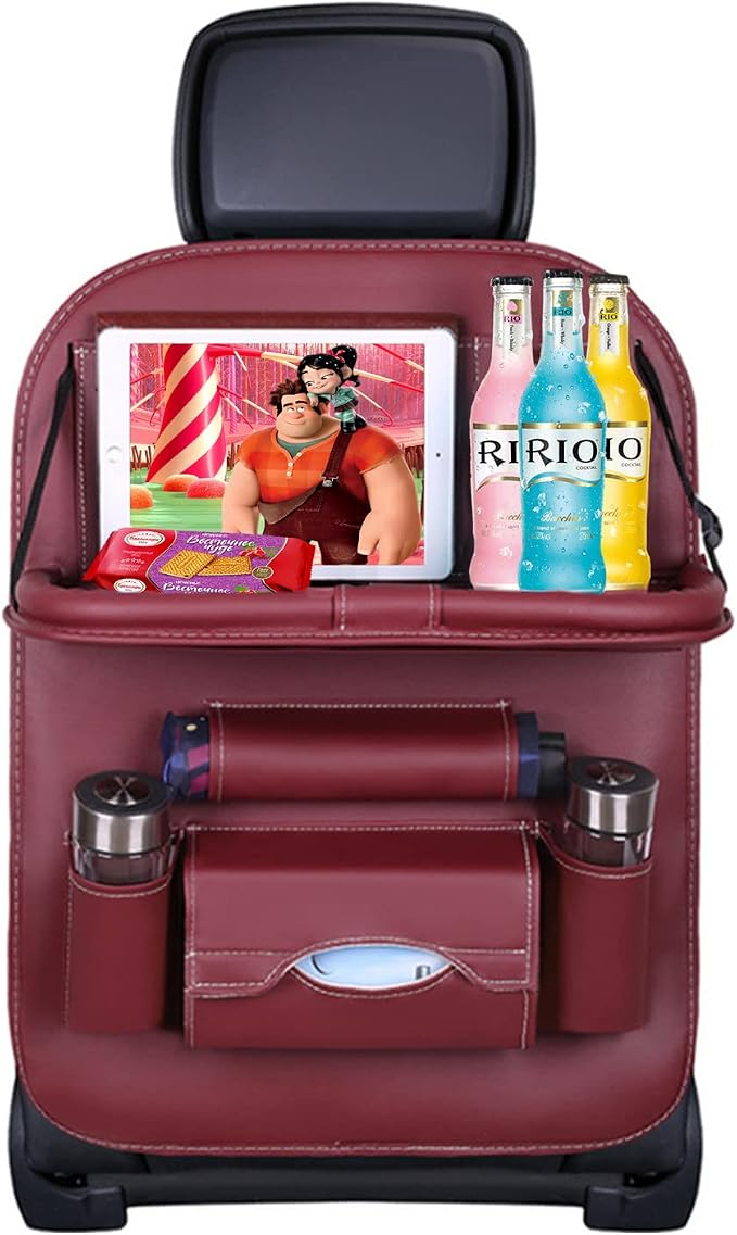 Car Back Seat Organizer with Foldable Table Tray, PU Leather Backseat Organizer for Kids Toddlers Travel, Car Kick Mats Seat Back Protector Storage Pocket with Touch Screen Tablet Holder