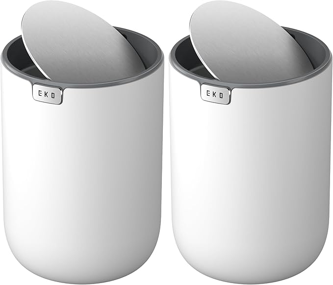 EKO Mini Desk Trash Can with Swing-Top Lid 0.4 Gallon Small Table Round Wastebasket for Office, Home, Car (White) (Pack of 2)