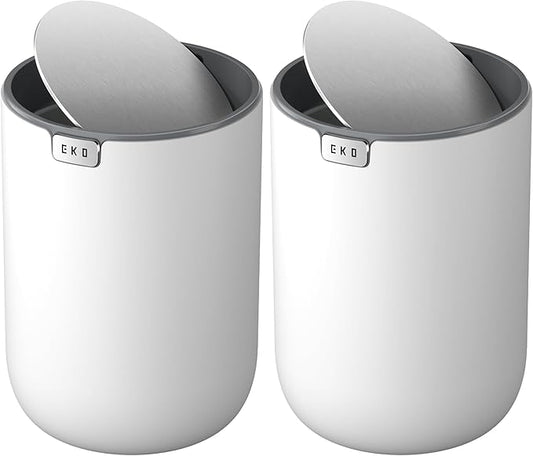 EKO Mini Desk Trash Can with Swing-Top Lid 0.4 Gallon Small Table Round Wastebasket for Office, Home, Car (White) (Pack of 2)