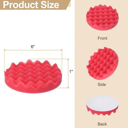 HARFINGTON 3pcs Buffing Sponge Pads 6" Polishing Wheel Waffle Finishing Grip Pad Car Buffer Polisher with Hook and Loop Back for Car Detailing Polishing Waxing, Red