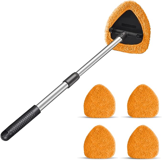 Windshield Cleaning Tool, Car Window Cleaner with 4 Washable Reusable Microfiber Pads, Extendable Long Handle Glass Wiper Cleaning Kit, Auto Accessories Universal for Office and Home (Orange)
