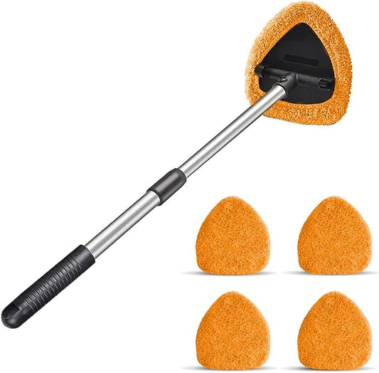 Windshield Cleaning Tool, Car Window Cleaner with 4 Washable Reusable Microfiber Pads, Extendable Long Handle Glass Wiper Cleaning Kit, Auto Accessories Universal for Office and Home (Orange)