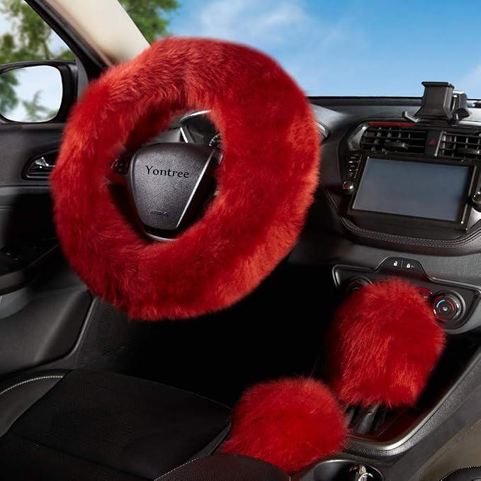 Yontree Fashion Fluffy Steering Wheel Covers for Women/Girls/Ladies/Men Australia Pure Wool Universal 15 Inch 1 Set 3 Pcs Long Wool Burgundy