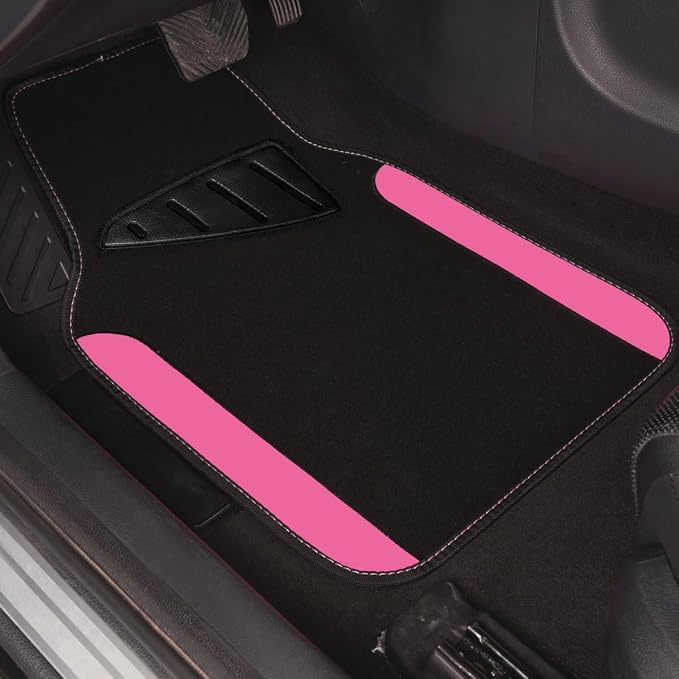 CAR PASS Rainbow Waterproof Universal Fit Faux Leather Car Carpet- Anti-Slip Nibbed Backing Floor Mats for SUV, Vans,Sedans,Trucks, Automotive Set of 4 for Women&Cute Girly (Black with Pink)