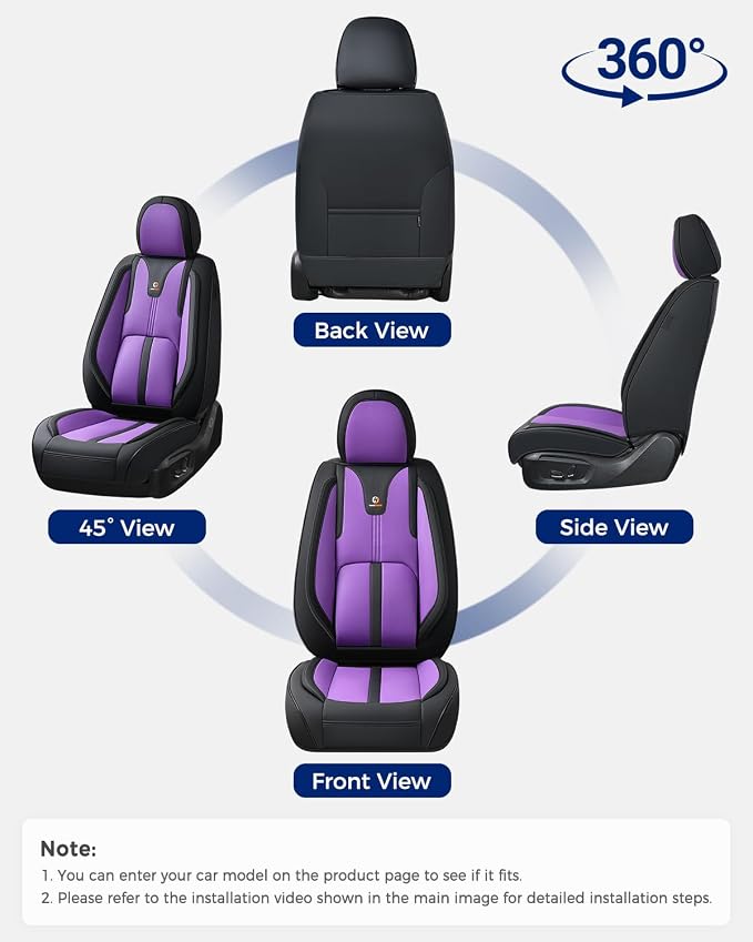 Huidasource Front Car Seat Cover Luxury Nappa Leather, Leather Front Seat Covers with Airbag, Front Storage Pocket, Lumbar Support, Cooling＆Heating Universal Fit for Most Cars SUV Trucks, Black&Purple