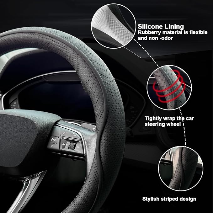 HAOTULE Leather Steering Wheel Cover， with Anti-Slip Stripe Design - Enhanced Grip, Fashion Style, Safe, Non-Slip, Breathable. Upgrade car Interior，Black